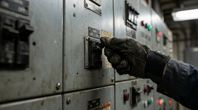 Close-up of technician hand flipping switch on power panel, electrical maintenance and power control