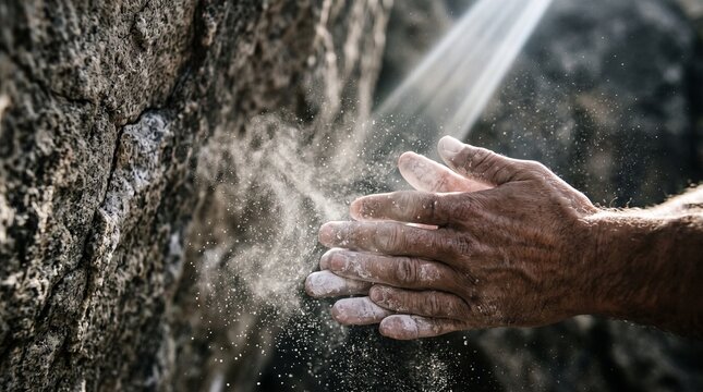 Close up of climber hands covered in chalk dust preparing to grip rough rock surface