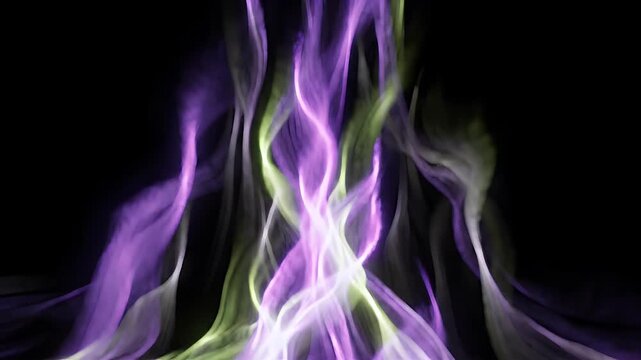 Abstract purple and green smoke waves on black background.