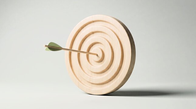 Wooden archery target with bullseye center hit precisely by a single arrow featuring soft lighting and minimalist design
