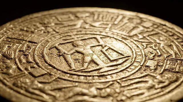 Ancient golden Aztec sun stone medallion close up.
