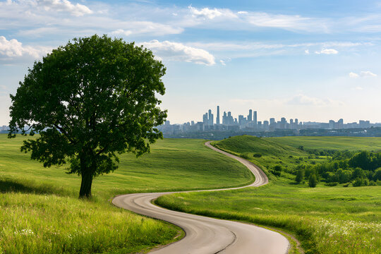 A twisty asphalt path winds through lush emerald hills, heading towards the skyline of a bustling city. A solitary giant tree stands in a meadow beneath a cerulean sky with fluffy clouds. The stark di