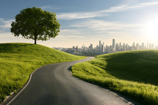 A winding asphalt path navigates through verdant hills toward a contemporary cityscape. Amidst a single massive tree in a meadow beneath a cerulean sky with wispy clouds, there's a stark juxtaposition
