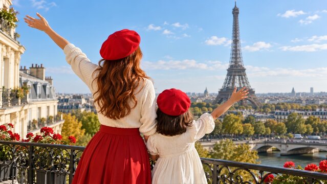 Woman and girl in red berets raising their arms on a sunny city balcony