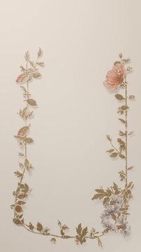 Vertical video: Growing floral border from dot on tan card forming vines, pink bloom framing center