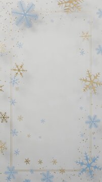 Vertical video: Blue snowflake appearing gold-framed panel shifting for greeting card with confetti