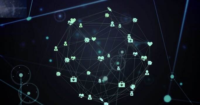 Rotating central spherical network pulsing in digital display, showing heart, user, padlock icons