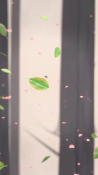 Vertical video: Drifting green leaves and pink petals being carried by gentle breeze between trunks
