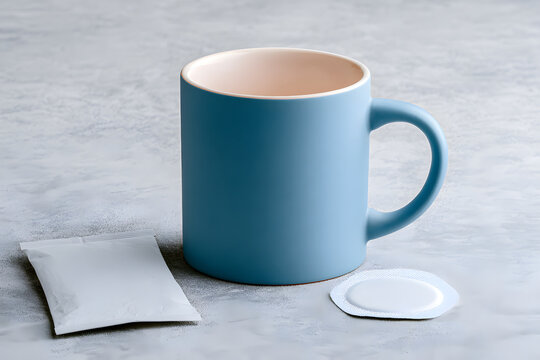 A ceramic mug in blue color, paired with a nicotine replacement therapy kit on a grey background, includes a blank leaflet and patch dedicated to wellness and recovery