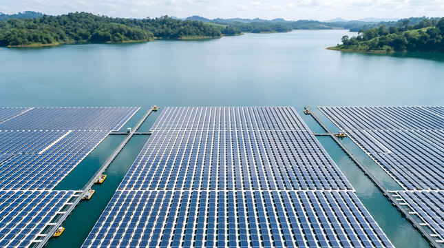 Aerial View of Floating Solar Power Plant on Lake Surrounded by Green Forested Hills