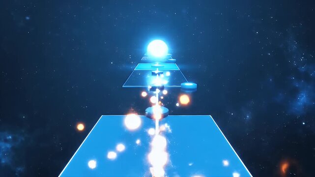 Glowing orange orb traveling through futuristic blue energy tunnel.