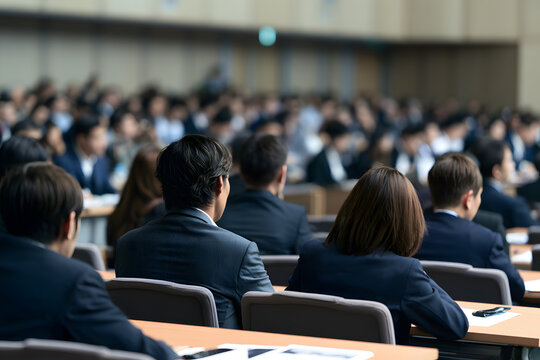 大規模カンファレンスで熱心に学ぶビジネスパーソンたちの様子
