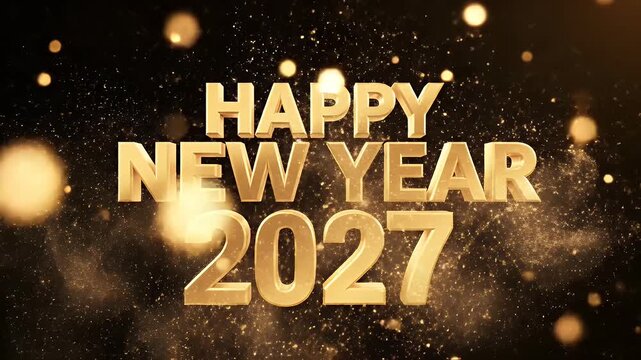 Golden Happy New Year 2027 text with sparkling bokeh background.