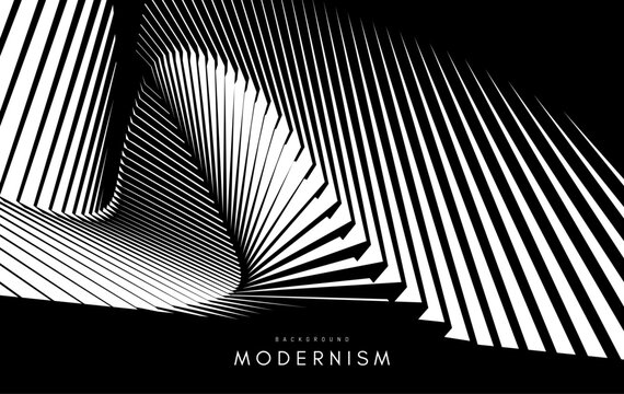 Black and white geometric striped pattern. Minimalist design. Spatial distortion. Optical illusion. 3D vector illustration for a brochure, poster, cover, card, presentation, flyer or banner.