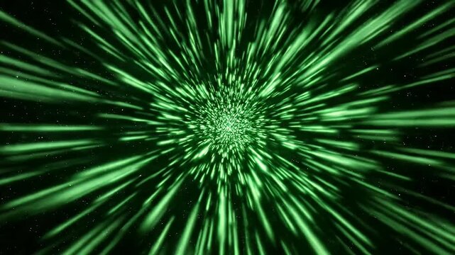 Green light burst with radiating trails and starfield.