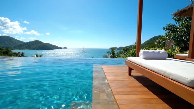 Infinity pool and sun lounger with tropical sea view.