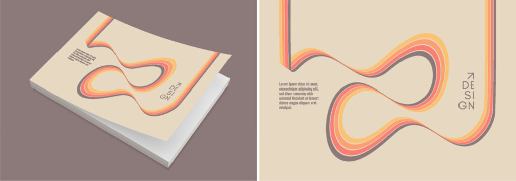 Cover design template. Geometric pattern. A retro 1970s-style background. The colored lines symbolize a high-speed highway. Abstract curved ribbons. Vector for brochure, planner, notebook or notepad.