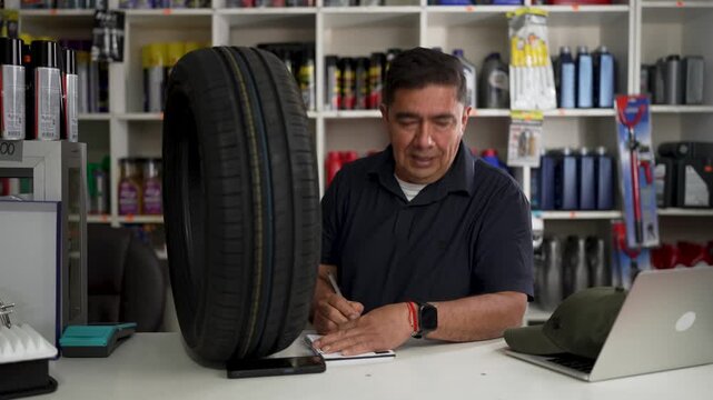 Male latino store manager sitting at desk behind a car tire, writing notes and checking auto parts