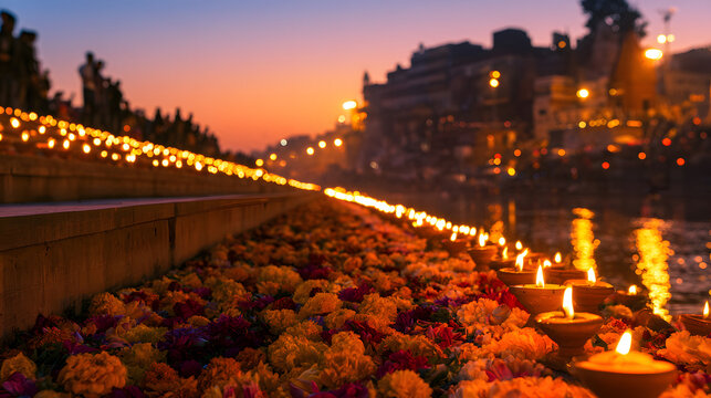Rows of lit clay lamps and fresh flowers decorated the steps of the river ghata during the Dev Deepawali celebration at sunset in Varanasi