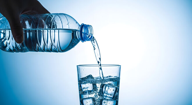 Hand pouring cold water into glass with ice on blue gradient