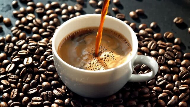 Fresh hot dark coffee pouring into white cup surrounded by roasted coffee beans