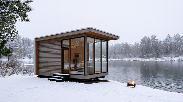 Modern glass cabin by serene lake in winter landscape with snow, pine trees, and warm fire pit outside, cozy architecture design photo