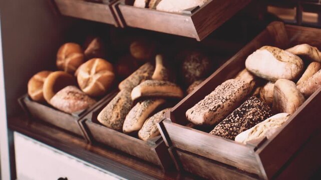 Freshly baked loaves and crusty rolls fill wooden crates at a cozy bakery, offering quality goods for daily meals and snacks.