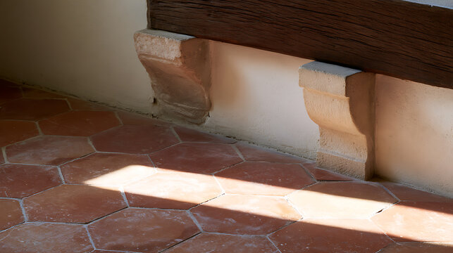 Rustic interior detail with terracotta hex tile floor, stone corbel brackets, and dark wooden beam in a historic European architecture style