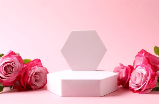 Pink roses with podiums on color background