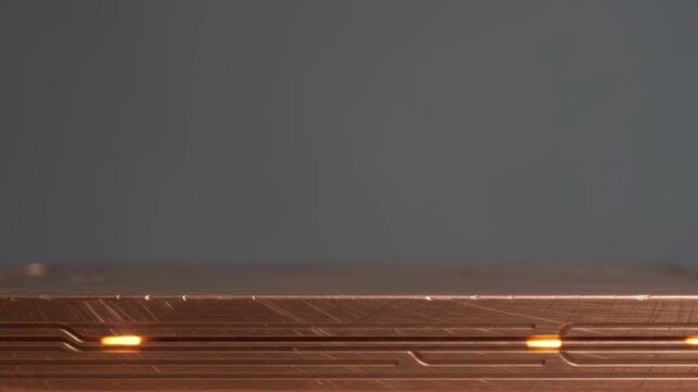 Macro close-up brushed copper metal edge with glowing amber electron energy pulses moving through grooves against dark slate copy space for technology background