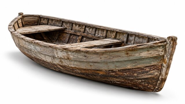 Weathered wooden rowboat with rustic planks isolated on a white background
