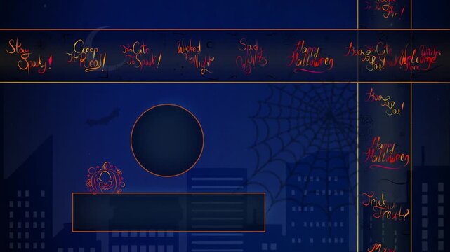 Cyberpunk style Halloween futuristic cityscape loop animation in 4K UHD. Neon banners with scrolling handwritten spooky lettering typography quotes on a dark night city background 
