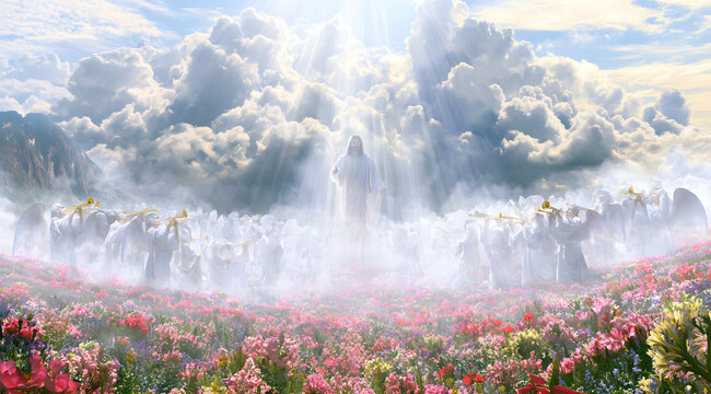 Angels, who are blowing golden trumpets, announce the second coming of the savior amidst a scene where Jesus Christ is returning in heavenly glory