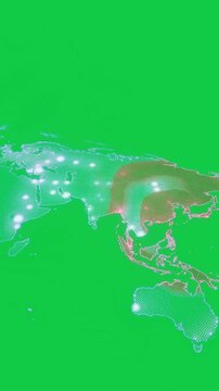 Vertical video: Dot-map spinning, sparking East Asia hotspot nodes glowing, showing net