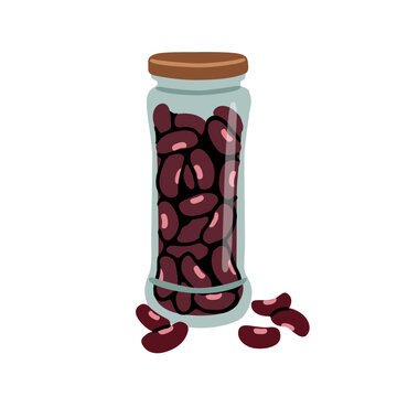 Black beans stored in a tall glass jar with lid. Legume seed for vegan cooking, pantry organization, and zero waste grocery storage concept. Flat vector illustration, hand drawn.