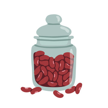 Dry red kidney beans stored in a transparent glass jar. Legume seed for healthy cooking, pantry organization, zero waste grocery, and organic vegan nutrition concept. Flat vector illustration.