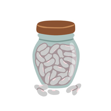 White cannellini beans stored in a glass jar. Legume seed for healthy vegetarian cooking, zero waste pantry organization, and organic nutrition concept. Flat vector illustration, hand drawn.