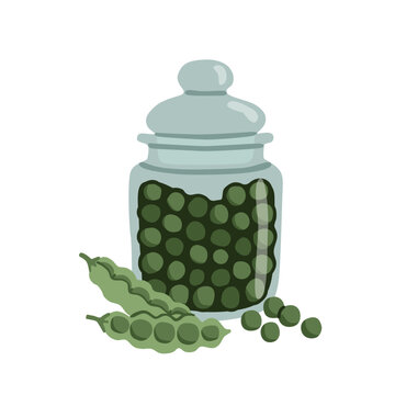Green peas in glass jar with pods. Legume seed for healthy vegetarian cooking, zero waste grocery, pantry storage, and organic legume nutrition concept. Flat vector illustration. hand drawn.