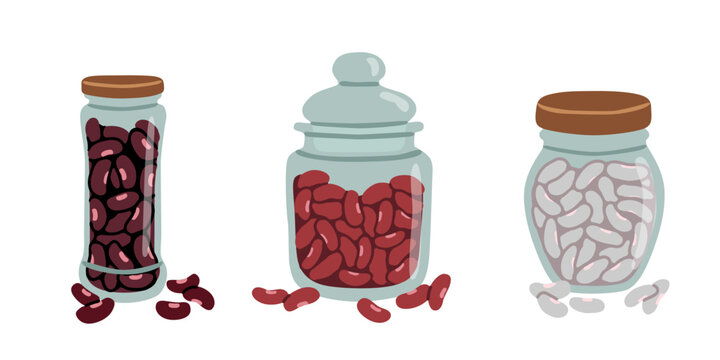 Kidney bean in jar set. Dry black, red kidney, and white beans stored in transparent glass jars for healthy vegetarian cooking and zero waste pantry storage concept. Flat vector illustration.