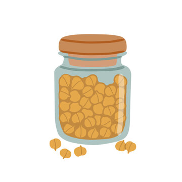 Chickpeas stored in glass jar. Garbanzo bean for healthy cooking, legume seed grocery, pantry organization, and hummus or vegan diet concept. Flat vector illustration, hand drawn.