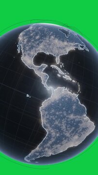 Vertical video: Pulse showing globe dots Americas neon coasts cam zooming out framing ring clear bg