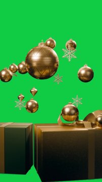 Vertical video: Baubles lifting from gifts floating up, rotating into cluster over transparent void