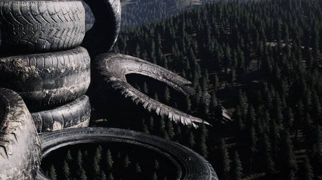 Large stacks of worn rubber tires lie abandoned in a dense coniferous forest during the daytime.