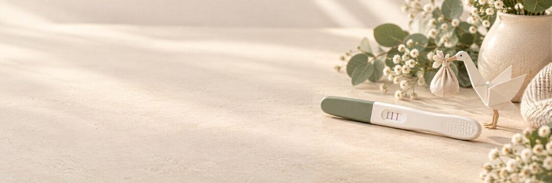 Positive pregnancy test beside baby keepsake and origami stork on a neutral tabletop. Pregnancy announcement and fertility concept. Family planning, motherhood and expecting a baby.