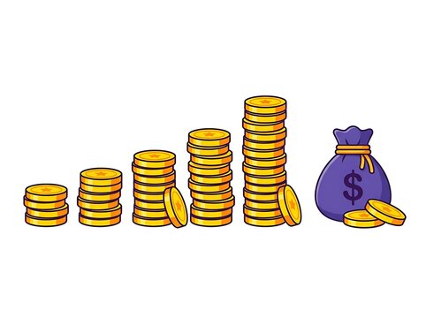 Cartoon illustration of stacks of golden coins increasing in size with a purple money bag beside