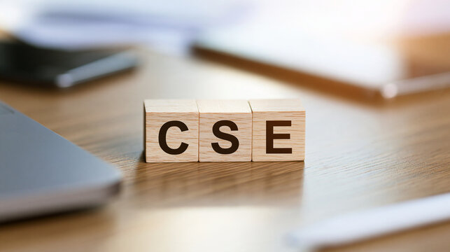 Wooden blocks spelling CSE arranged neatly on an office desk with soft natural light. Perfect concept for corporate education and technology subjects.