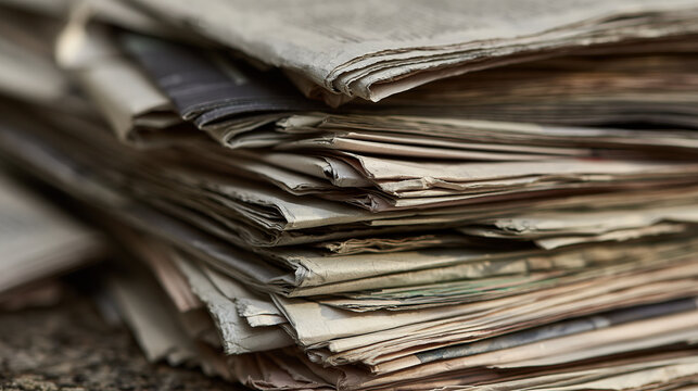 A stacked pile of old newspapers sits in natural light, showcasing texture and depth. Perfect background for media and journalism themes.