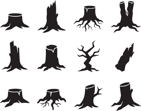Tree Stump and Broken Trunk Silhouette Collection with Exposed Roots