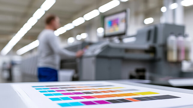 Industrial large format printer and color test sheet in modern print shop with blur worker silhouette background and production machinery