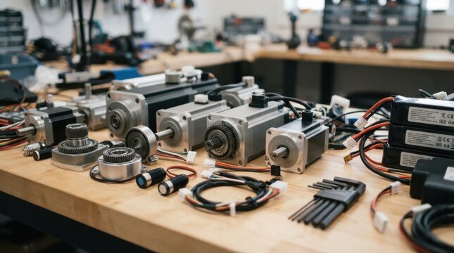 Robotics workbench with servo motors, harmonic drive gears, proximity sensors, wiring harnesses, hex keys, and lithium battery packs.